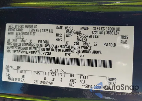 2015 Ford F-150 Platinum z USA, uszkodzony, nr VIN 1FTEW1EF5FFB37738